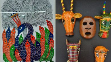 The image displays Koya art in the left side and Kolam masks in the right side. April 12, 2025