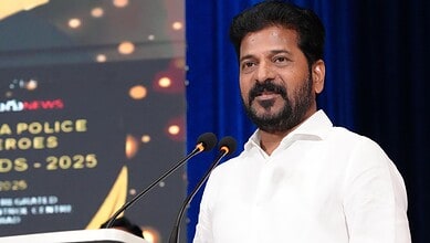 The image shows Telangana CM Revanth Reddy appealing to the employees' unions not to agitate with their demands, at an event on Monday, May 5.