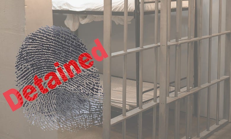 Representational Image of jail and thumb print along with detained written on it