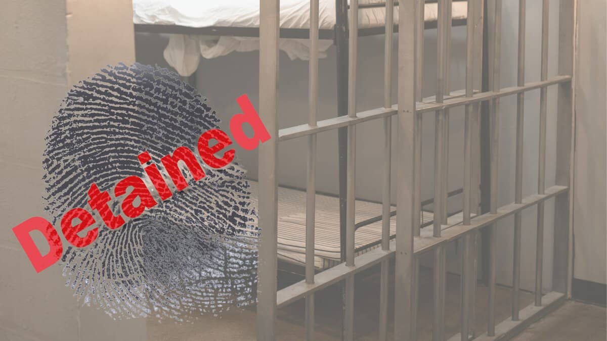 Representational Image of jail and thumb print along with detained written on it