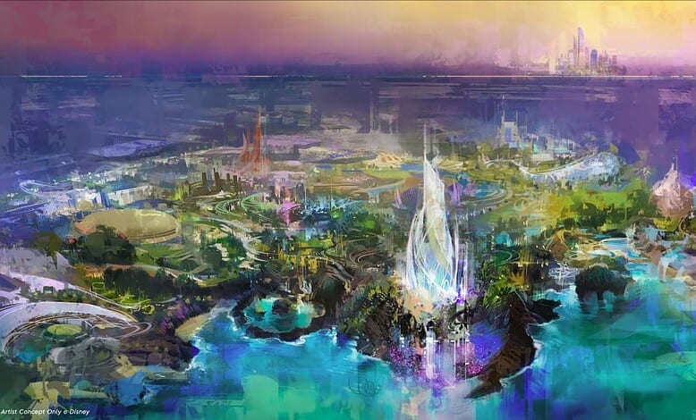 Artist's impression of Disney's upcoming theme park on Yas Island, Abu Dhabi, showing vibrant attractions, green spaces, and waterfront areas.