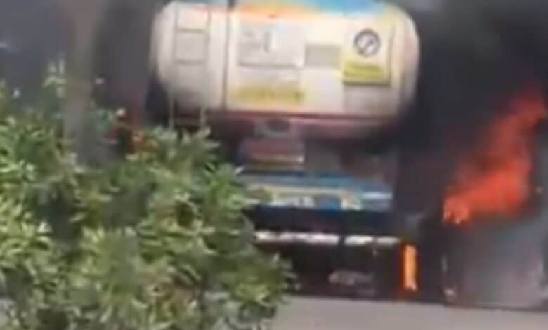Fire erupts at a petrol tanker yard in Cherlapally, Medchal-Malkajgiri district, causing panic among local residents on May 18.