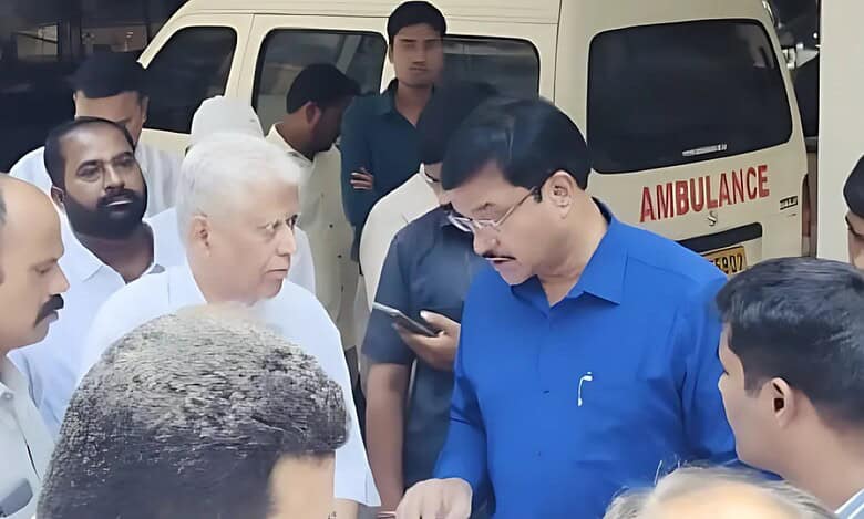 HYDRAA Chief, AV Ranganath, engages in a discussion with other officials during an inspection of the hospital construction site at RTC Crossroads, addressing violations and safety concerns.