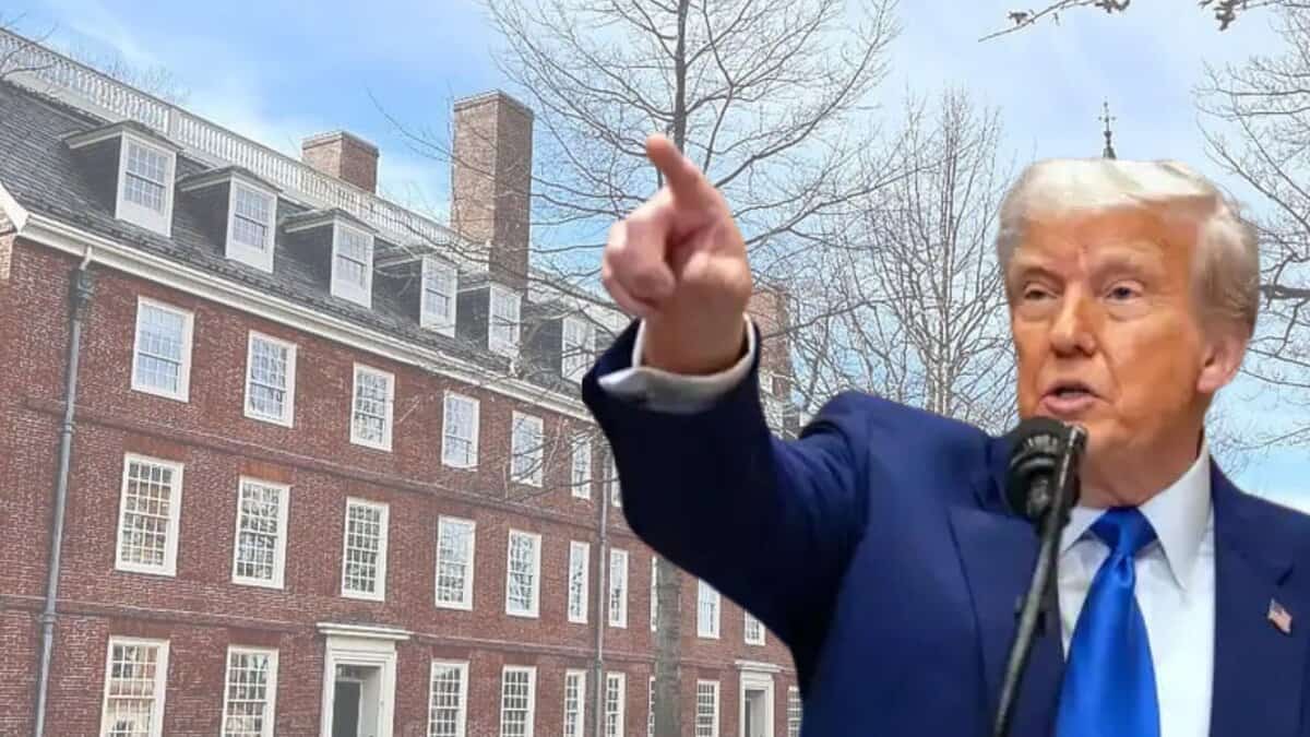Harvard university in the background along with the photo of US President Donald Trump