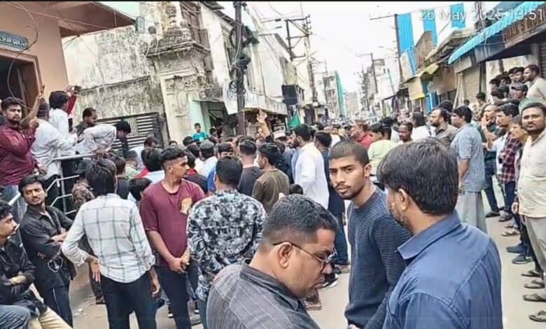 People protest in Hussaini alam demanding the social boycott of a family accused of sexually assaulting two minor girls in Hyderabad