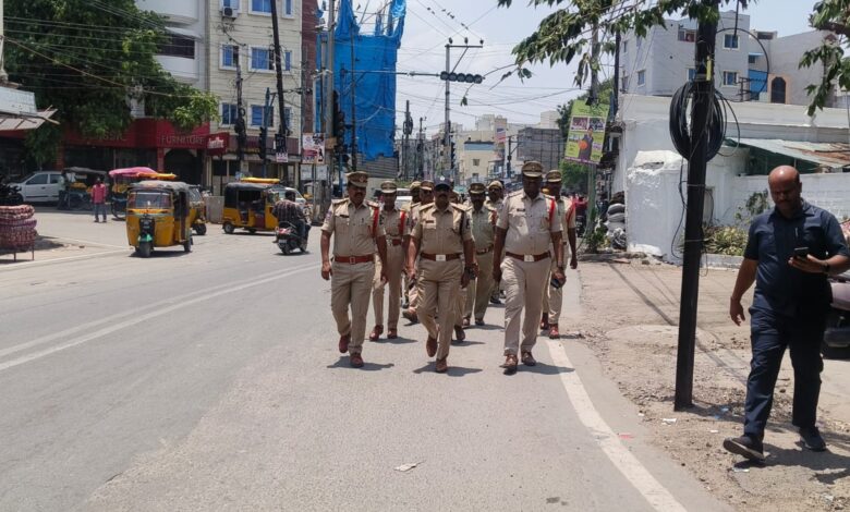 Hyderabad police on May 9 conduct foot patrol from Meraz X Roads to Mallepally X Roads to build public confidence.