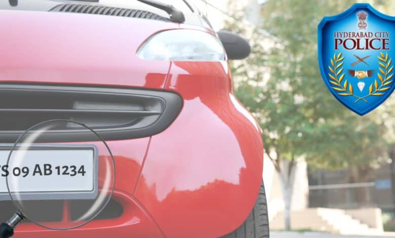 Representational image of a car displaying a Telangana number plate, with a magnifying glass overlay and the Hyderabad Police logo.