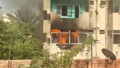 Image of fire erupting in a residential building in Hyderabad on May 30 following an AC compressor blast