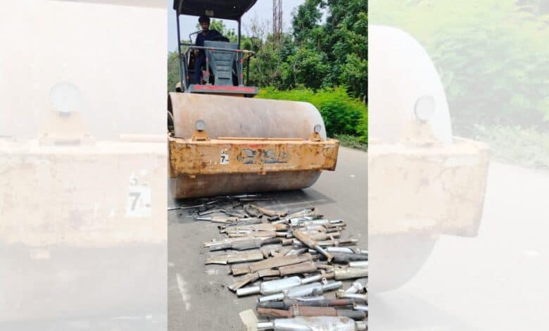 Image of modified bike silencers being publicly destroyed at Uppal Bhagayath on May 30.