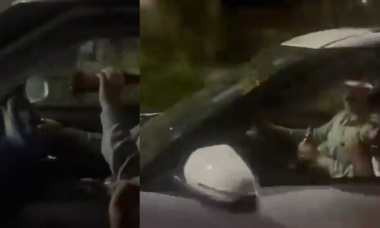 Images showing two men inside a car on the Tolichowki flyover in Hyderabad. In the left image, the driver is holding a bottle while driving.