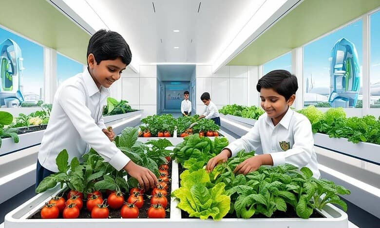 1. Two children tending to a vegetable garden inside a greenhouse, representing a micro school environment.