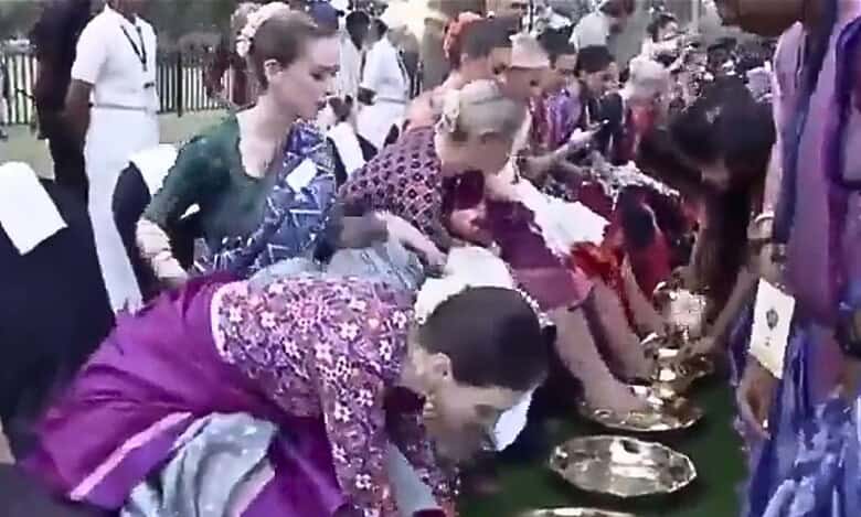 Miss World feet washing at Telangana Temple