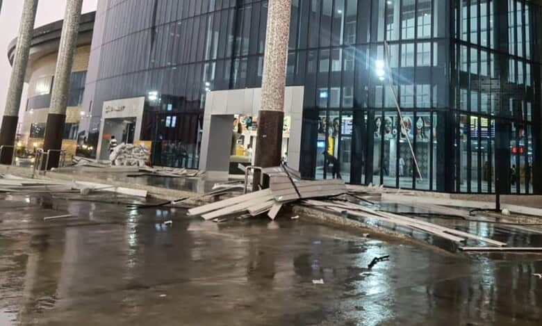 The iron sheets on the roof of the main gate at Cherlapally Railway Station collapsed due to strong winds and rain.