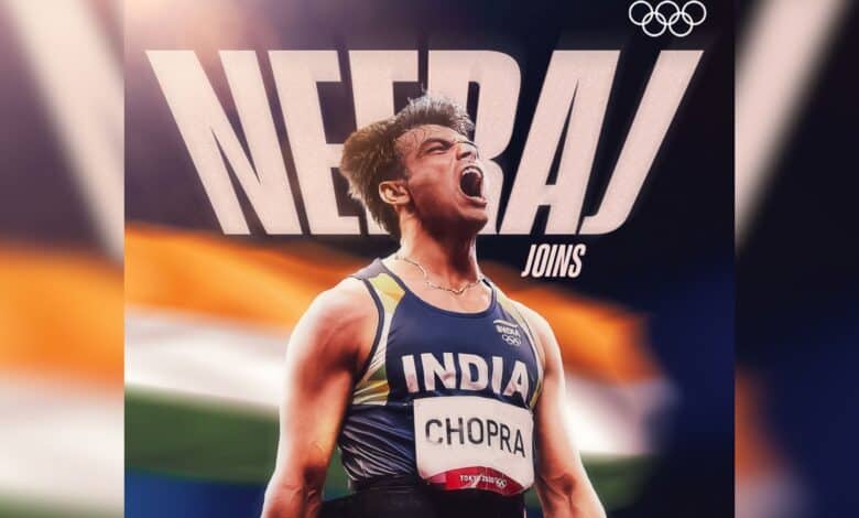 Athlete Neeraj Chopra in an Indian uniform, celebrating with the text "NEERAJ JOINS INDIA THE 90M LEAGUE" and the Olympic logo, against the Indian flag backdrop.