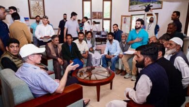 In this image released by @CM_JnK via X on May 27, 2025, J&K Chief Minister Omar Abdullah meets delegates from various walks of life led by Pahalgam MLA Altaf Kaloo, at Pahalgam in Anantnag district, J&K. (@CM_JnK via PTI Photo)