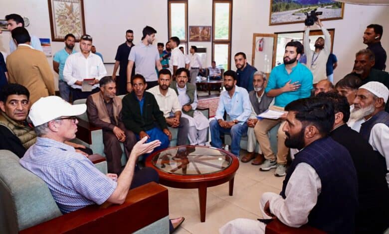 In this image released by @CM_JnK via X on May 27, 2025, J&K Chief Minister Omar Abdullah meets delegates from various walks of life led by Pahalgam MLA Altaf Kaloo, at Pahalgam in Anantnag district, J&K. (@CM_JnK via PTI Photo)