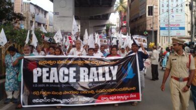 The image shows civil society organisations holding a peace rally demanding an end to 'Operation Kagaar' by the Centre in Adivasi areas, on Saturday, May 3.