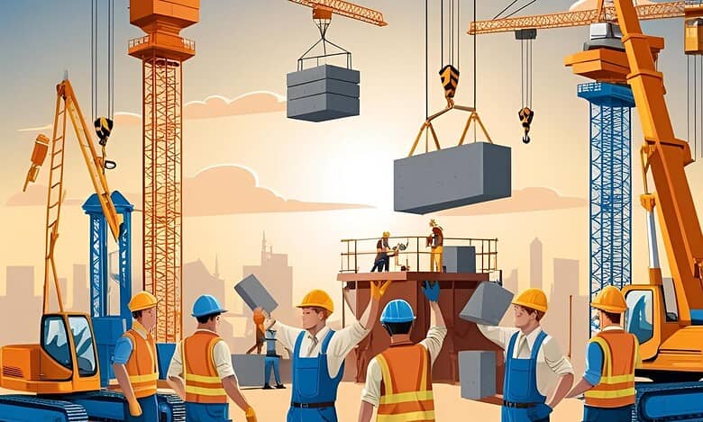 Canva generated ai image showing a construction site with workers in safety gear operating machinery and working on infrastructure projects