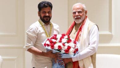 The image shows Telangana CM Revanth Reddy meeting PM Narendra Modi in Delhi on May 24, 2025.