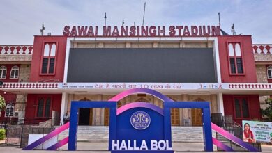Sawai Man Singh Stadium decked up with a welcome stage for the Rajasthan Royals ahead of an IPL match.