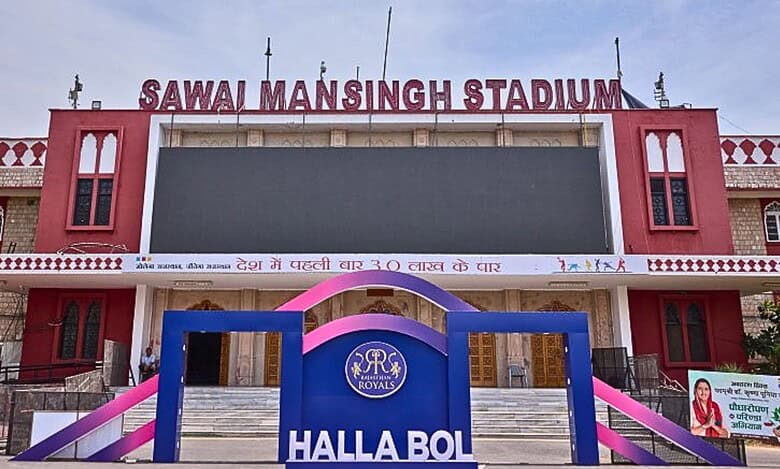 Sawai Man Singh Stadium decked up with a welcome stage for the Rajasthan Royals ahead of an IPL match.