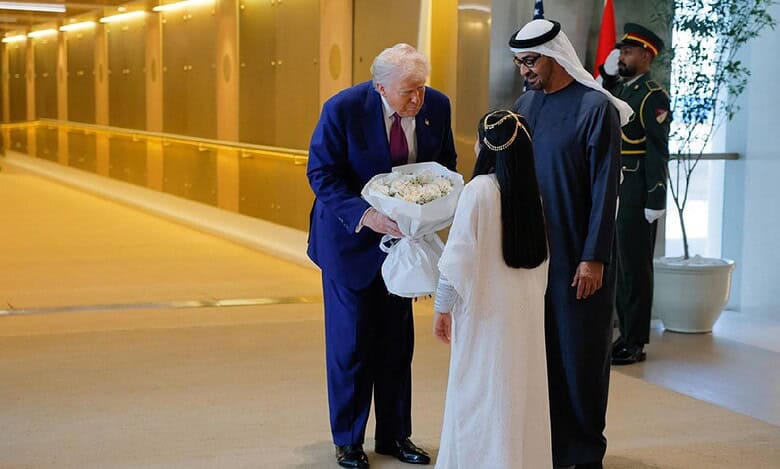 UAE President Sheikh Mohamed bin Zayed Al Nahyan right) welcomes his US counterpart Donald Trump upon arrival at the presidential terminal in Abu Dhabi on Thursday, May 15.