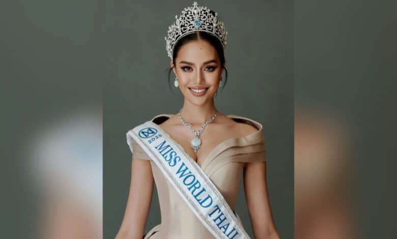 The image displays a picture of Miss Thailand Opal Suchata Chuangsri crowned as Miss World 2025