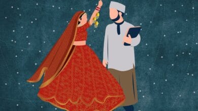 The image shows an interfaith couple- a Hindu woman and a Muslim man