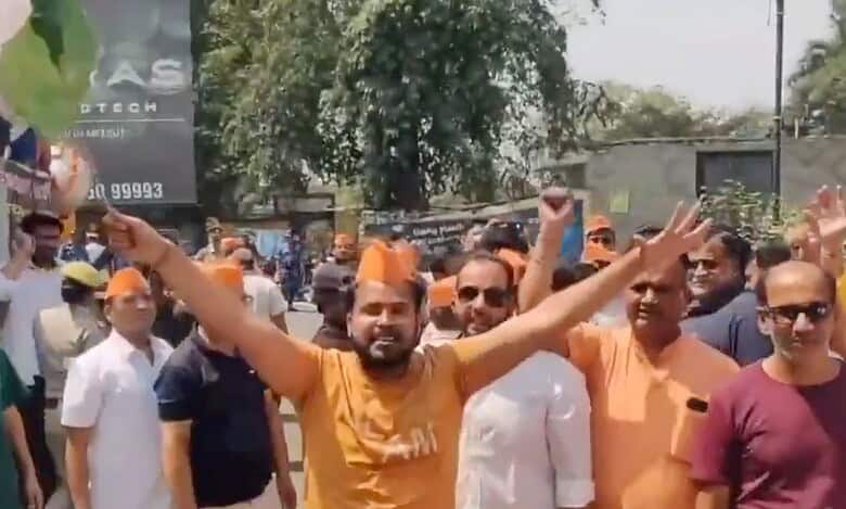 Hindu Yuava Vahini members protest over Pahalgam Attak in Uttar Pradesh's Meerut on April 26, 2025