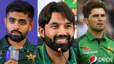 The image displays a picture of Pakistani cricketers Babar Azam, Mohammad Rizwan, and Shaheen Shah Afridi