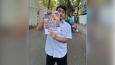 The image displays a picture of an Instagram influencer Sarthak with a QR code asking for donations for RCB in Bengaluru