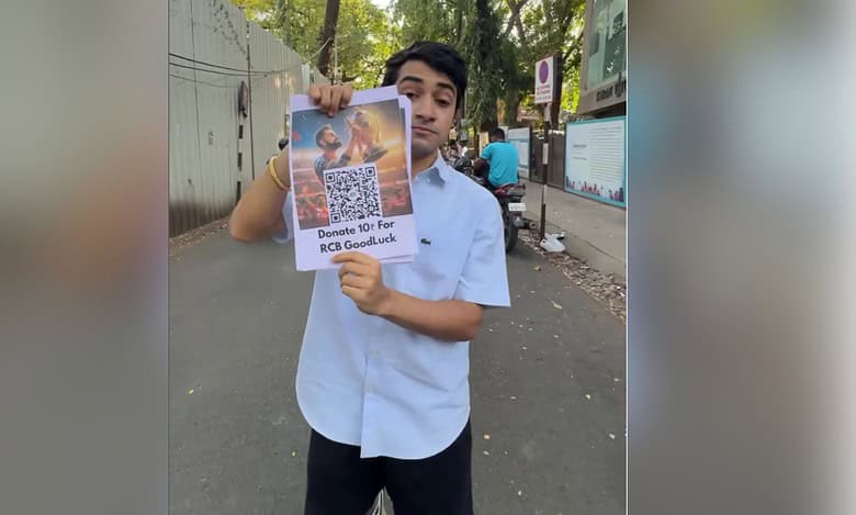 The image displays a picture of an Instagram influencer Sarthak with a QR code asking for donations for RCB in Bengaluru