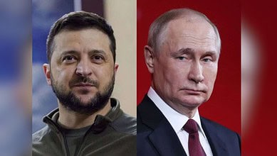 The image displays two pictures. On the left is Ukrainian President Volodymyr Zelenskyy and on the right is Russian President Vladimir Putin