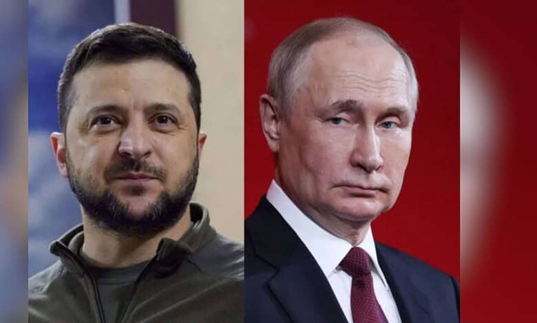 The image displays two pictures. On the left is Ukrainian President Volodymyr Zelenskyy and on the right is Russian President Vladimir Putin