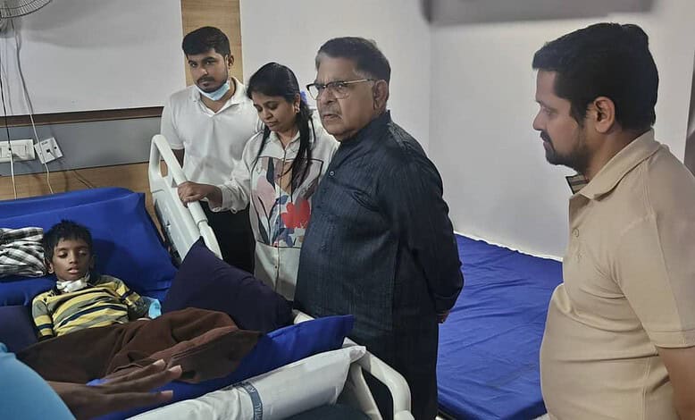Tollywood producer Allu Aravind visits Sritej at the rehabilitation center in Hyderabad on May 5, 2025