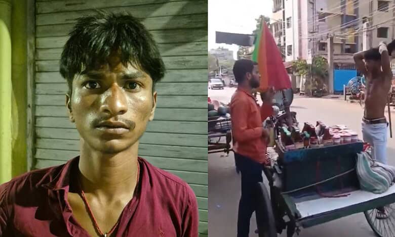 The image displays two pictures- On the left is a photo of a man who attacked two Muslims in West Bengal and on the right is a screengrab of the attack
