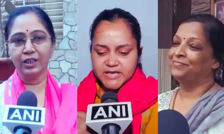 The image displays a picture of three women who lost their husbands in the pahalgam terror attack