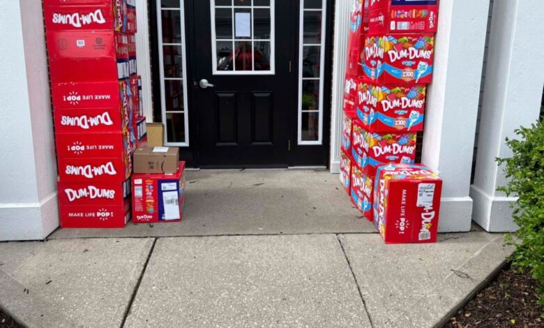 Dum Dum Lollipop boxes are placed outside the boy's house in Kentucky