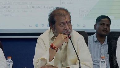 Telangana Health minister C Damodar Raja Narasimha attends a review meeting in Jagtial