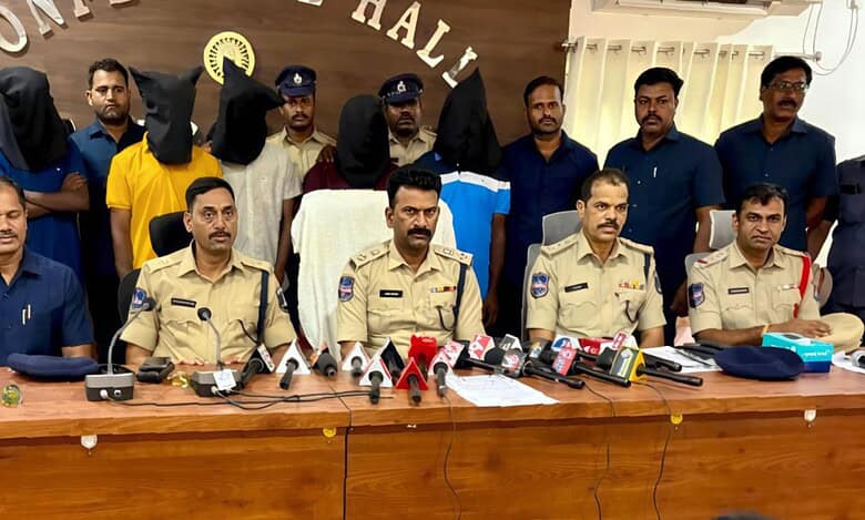 The Petbasheerabad police holds a press conference regarding the businessman's murder in Kompally