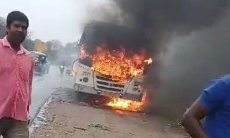 A bus catches fire in Medchal