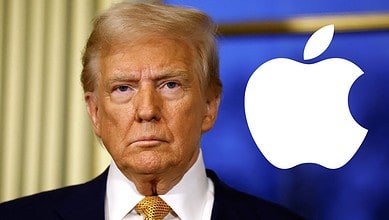The image displays a picture of US President Donald Trump and the Apple logo