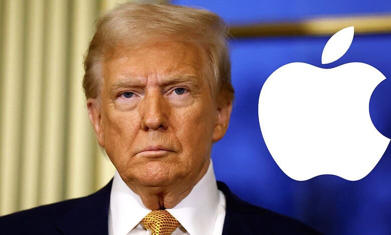 The image displays a picture of US President Donald Trump and the Apple logo