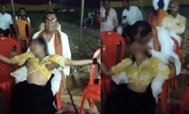 The image shows two pictures where a woman in yellow blouse and black skirt is seen sitting on the lap of an old man who is a BJP leader from UP