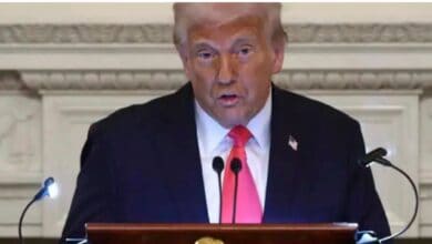 US President Donald Trump addresses a press conference