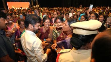 The image displays a picture of Telangana CM interacting with women from self help groups (SHG)