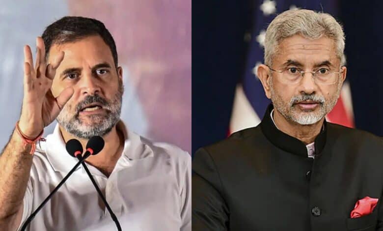 The image displays two pictures. On the left is Congress leader Rahul Gandhi and on the right is External Affairs minister S Jaishankar