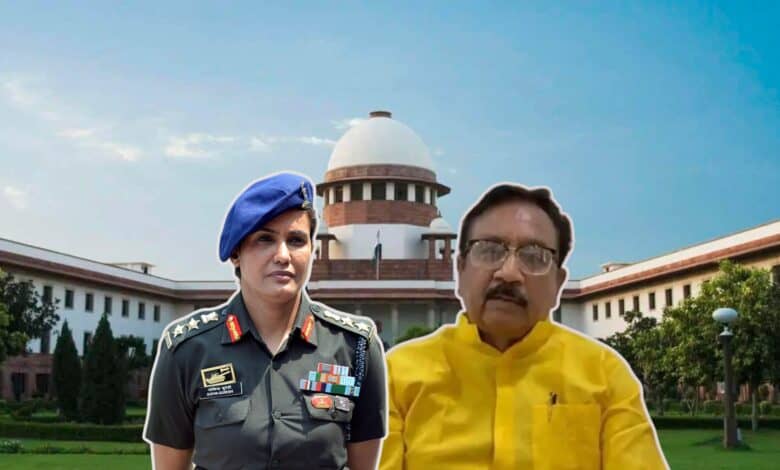 The image displays a picture of Supreme Court in the background and BJP leader Vijay Shah and Col Sofiya Qureshi in the foreground