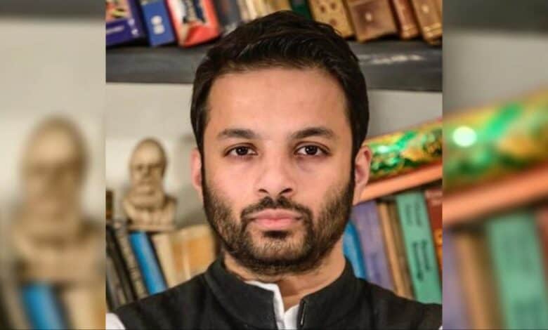 The image displays a picture of Ashoka University assistant professor Ali Khan Mahmudabad