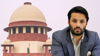 The image displays a picture of Supreme Court of India in the background and Ashoka University assistant professor Ali Khan Mahmudabad in the foreground
